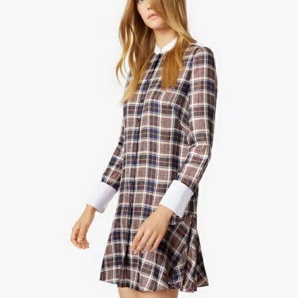 Tory Burch Cora Milano Tartan Silk Mini Brown Blue Shirt Dress Plaid Size 0 - Picture 5 of 15